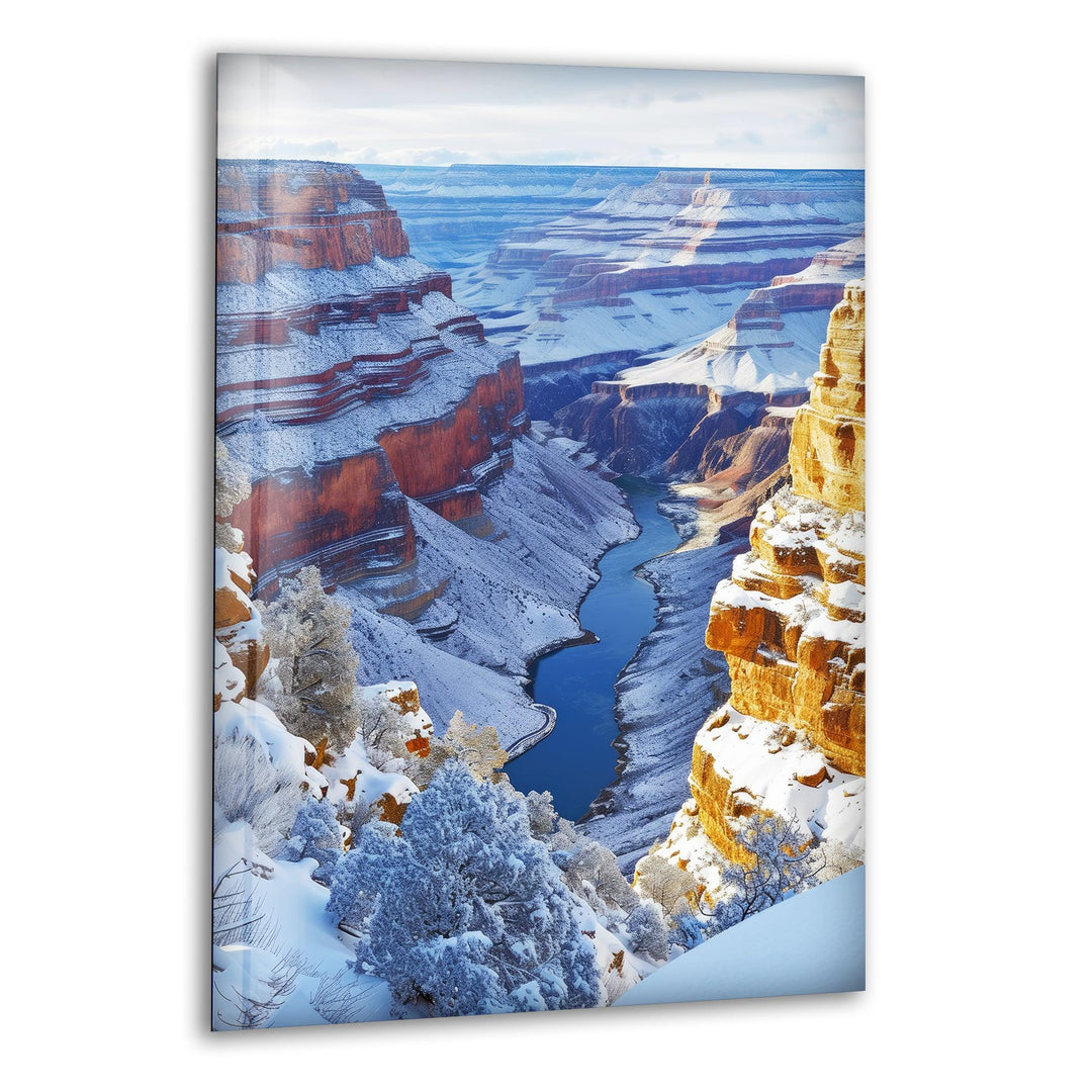 Stunning Grand Canyon glass wall art featuring a breathtaking winter landscape.
