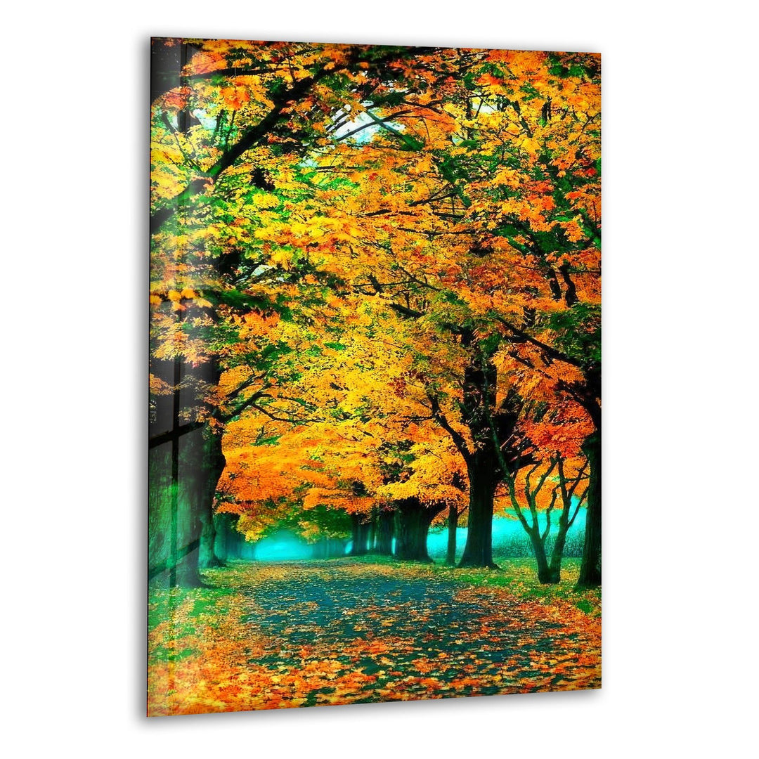 Golden autumn pathway through a vibrant fall forest, captured in stunning glass wall art.
