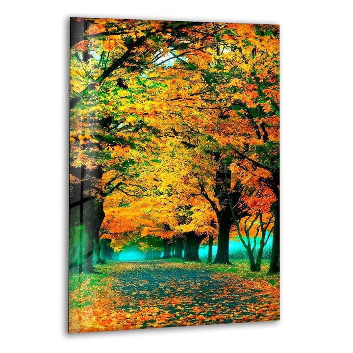 Golden autumn pathway through a vibrant fall forest, captured in stunning glass wall art.
