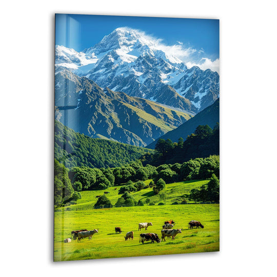 A breathtaking alpine meadow with grazing cattle and towering snow-capped mountains in the background.
