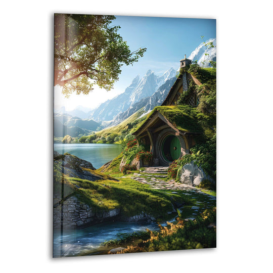 Vibrant color contrast highlights the lakeside cottage glass wall artwork, where the verdant landscape meets the cool hues of the tranquil lake and distant mountains.