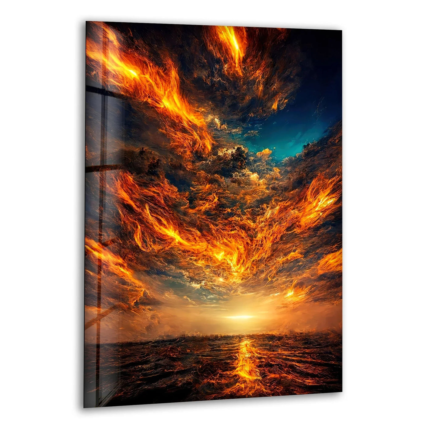 Dramatic light and shadow define the fiery sunset in this burning sky landscape glass wall artwork, casting reflections on the turbulent water below.