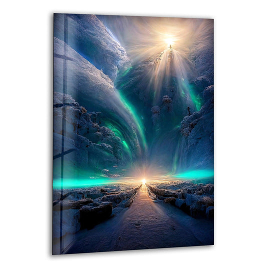 Cool hues of icy blue and teal contrast with the warm, sunlit glow in this decorative wall art depicting a surreal Celestial Ice Gateway.
