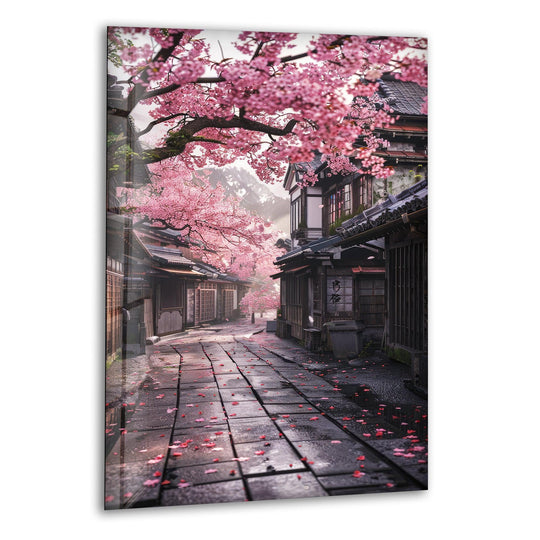 The background of this Japanese Sakura glass wall art features a serene, misty mountain scene blending with blossoming cherry trees, enhancing the depth of these wall prints.