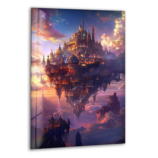 Sunset-streaked clouds in the background enhance the fantastical 'Sky City' glass wall art, adding depth and charm to this piece of home decor.