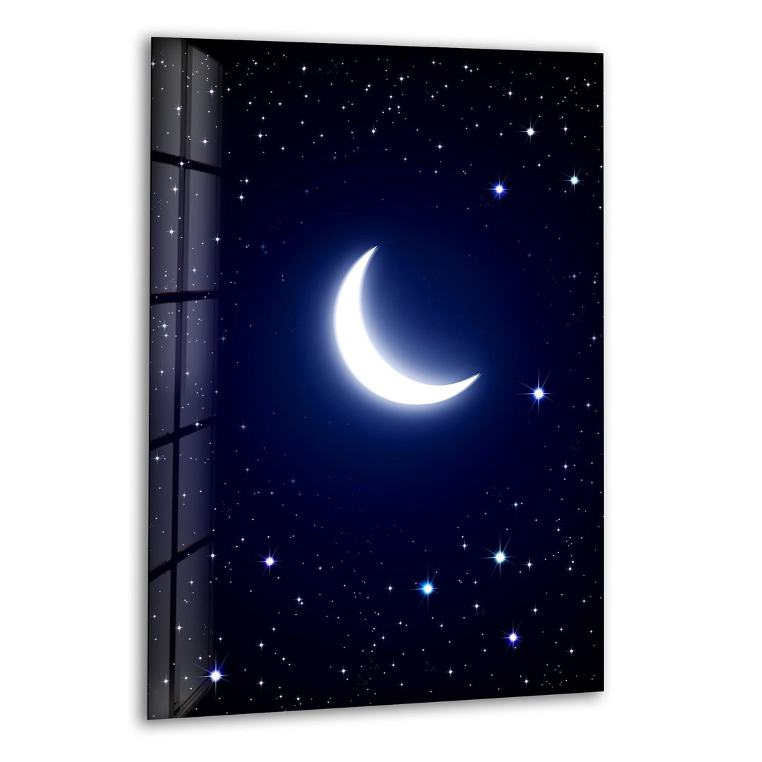 Crescent Moon and Starry Night Glass Wall Art – A Tranquil Celestial Masterpiece
