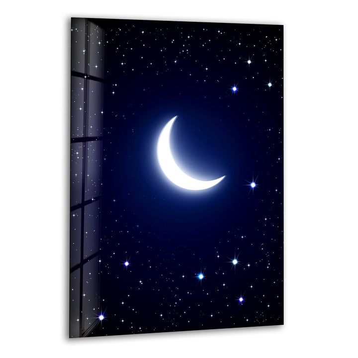 Crescent Moon and Starry Night Glass Wall Art – A Tranquil Celestial Masterpiece
