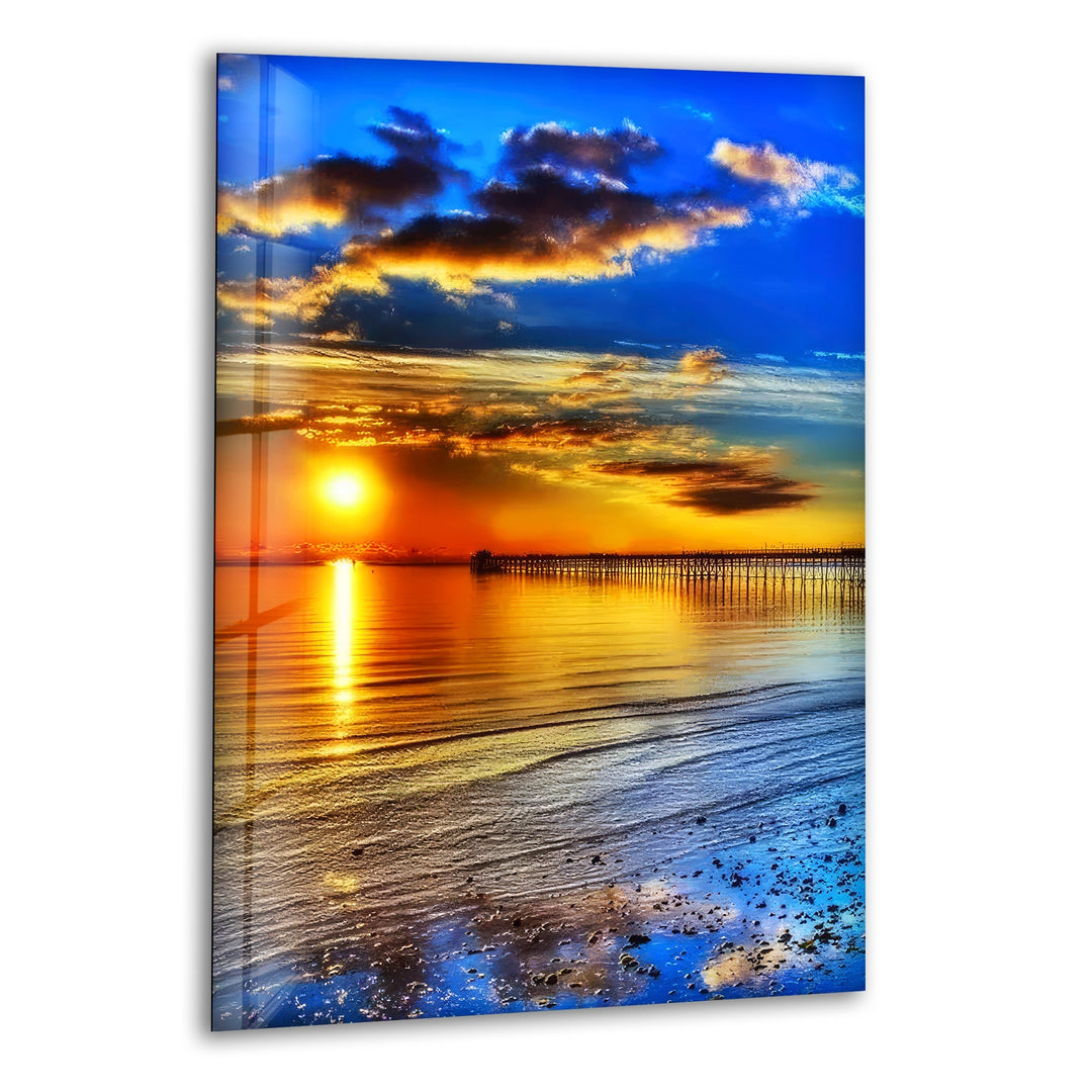 Golden Sunset by the Pier – A Stunning Coastal Glass Wall Art
