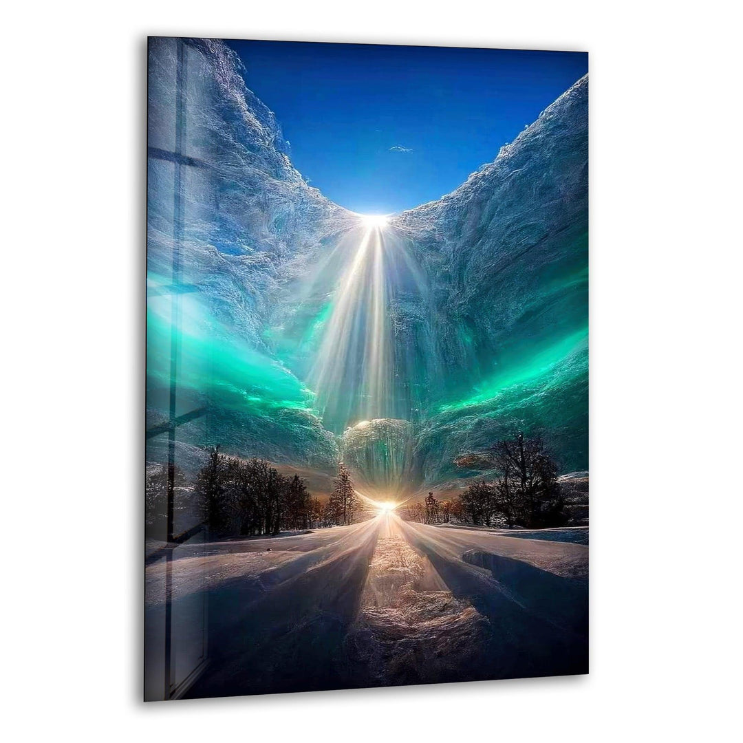 Surreal winter landscape glass wall art with radiant celestial light.
