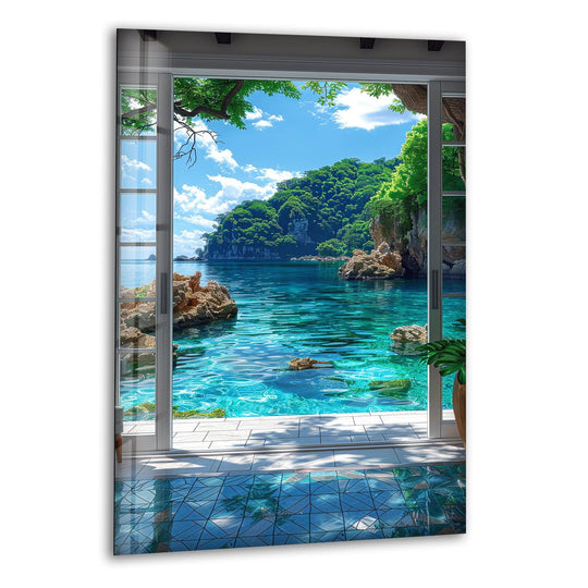 Azure ocean waters dominate this tropical paradise hanging wall art seen through an open window, evoking a serene and calming coastal escape.