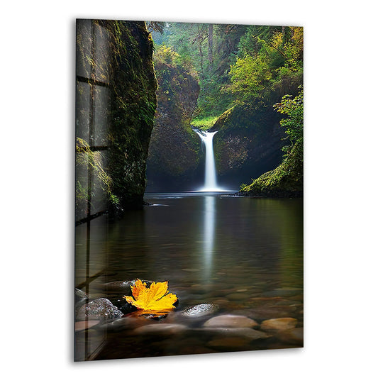 Glass wall art captures a tranquil forest waterfall's serene stillness as a golden leaf rests on quiet water.
