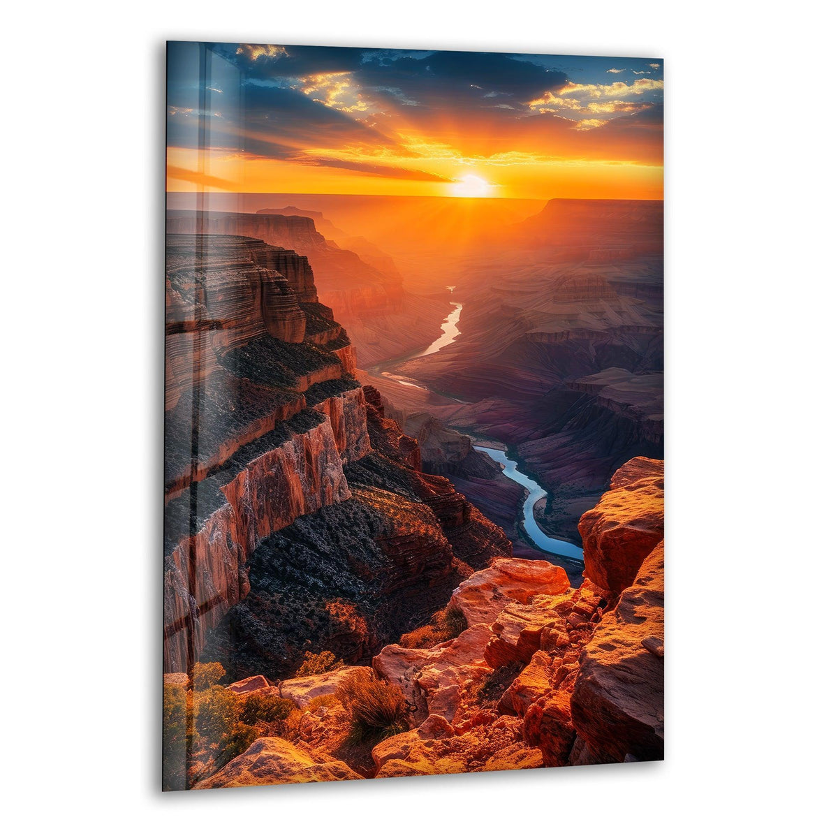 The focal point shines in this Grand Canyon sunset glass wall art, a striking home decoration that captures the majestic landscape view.