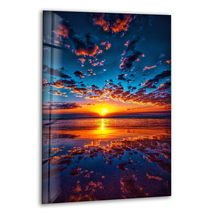 Golden Beach Sunset Reflections: Stunning glass art capturing the tranquil beauty of a sunset over the ocean.
