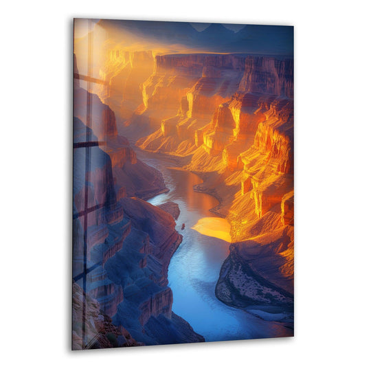 Striking color contrast highlights the warm, golden sunlight against the cool, deep blues of the river in this Grand Canyon sunset art from glass wall art.