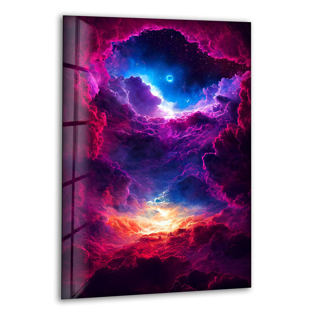 Stunning glass wall art featuring the mesmerizing glow of a cosmic nebula.
