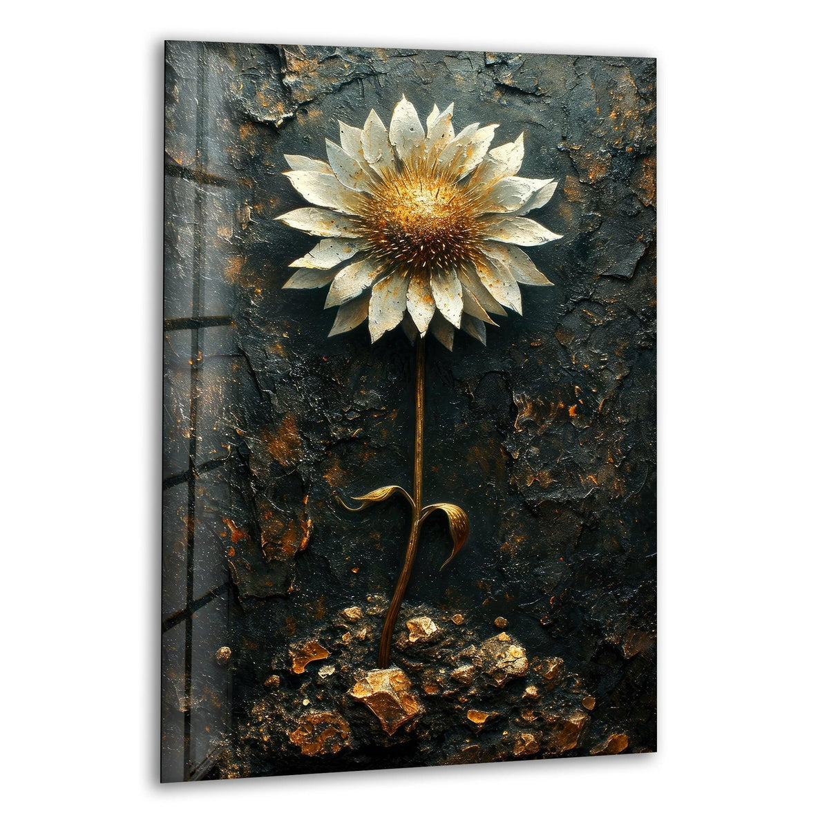 A golden sunflower bursts with visual rhythm against dark, textured glass, adding unique modern wall decor to any space.