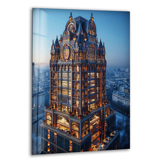 Organic shapes define the architectural details of the majestic building glass printing wall art, enhancing the urban cityscape.