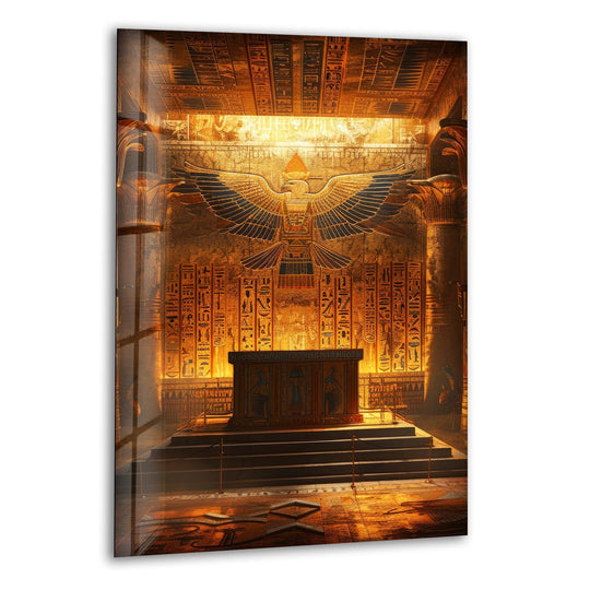 Pharaoh grave glass wall art showcases a layering effect with hieroglyphs and an eagle, a striking piece for home decoration.