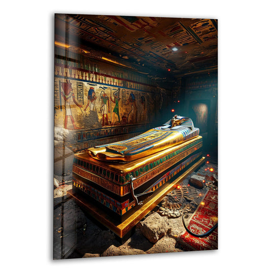 Layered glass wall art reveals an Egyptian sarcophagus within a tomb, surrounded by hieroglyphic frescoes.