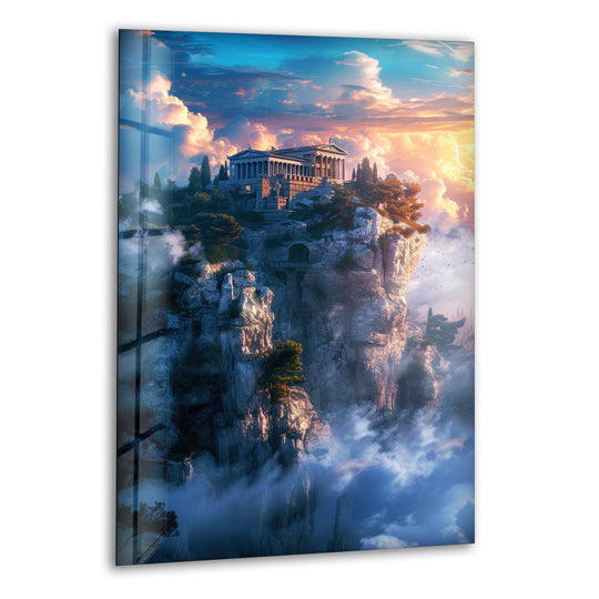 Foregrounding the darkest area, the Mount Olympus glass wall art reveals misty depths adding intrigue to its home decoration and ethereal cliffside temple scene.
