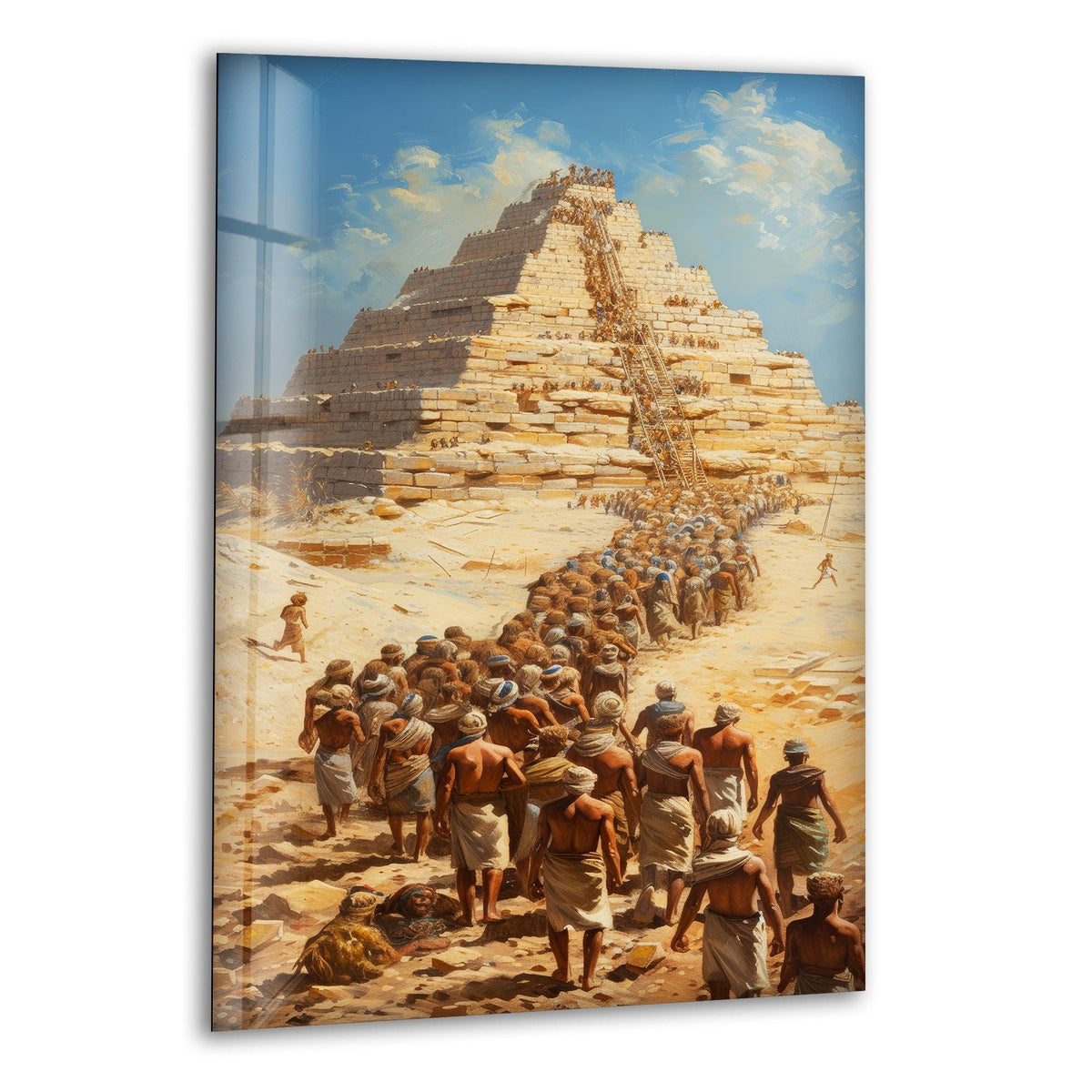 High-quality glass art showcases the building of Egyptian pyramids, adding a distinctive piece of home decor to any living space.