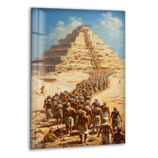 High-quality glass art showcases the building of Egyptian pyramids, adding a distinctive piece of home decor to any living space.
