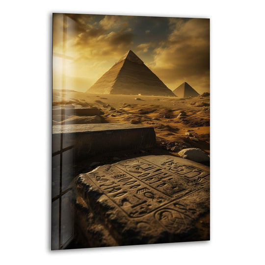 Golden light and shadow dramatically accentuate the texture of ancient stones and the majestic forms of Egyptian Pyramids art from glass in this glass wall art piece.