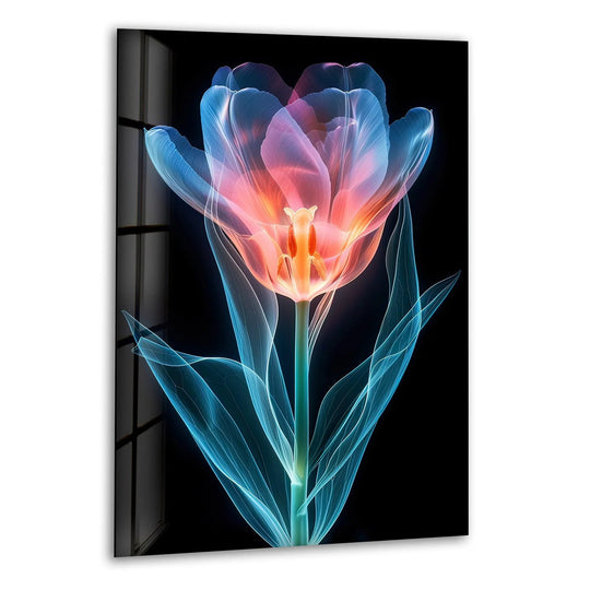 A delicate tulip's inner glow and translucent petals are revealed through the layering effect of this tempered glass wall art.
