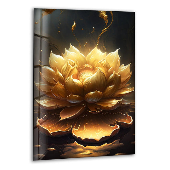 Golden Flower Black Background Glass Wall Art, print on glass, glass printed photos