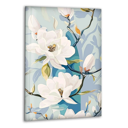 Alternating sizes of white magnolia flowers and buds create a soft visual rhythm in this decorative wall art, offering a soothing pattern in floral glass wall art.
