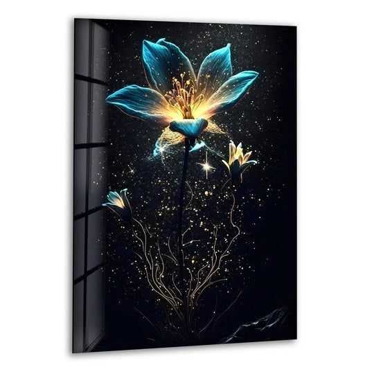Vibrant color saturation highlights the ethereal beauty of this bioluminescent flowers print wall art, illuminating the exquisite details of the floral design on glass.