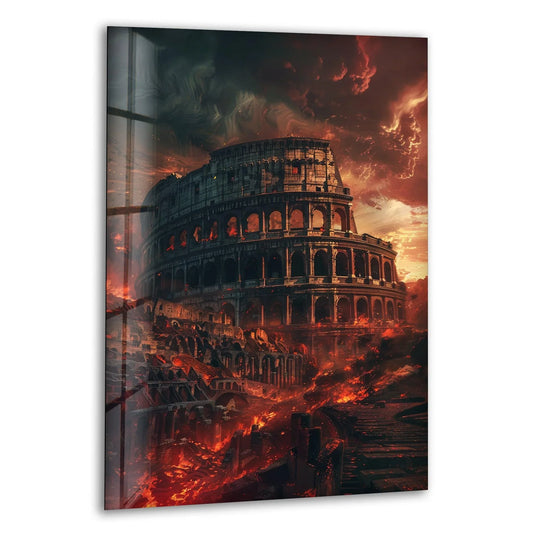 Ominous and dramatic, this Burning Colosseum View tempered glass wall art captures a scene of destruction with dark, fiery tones.