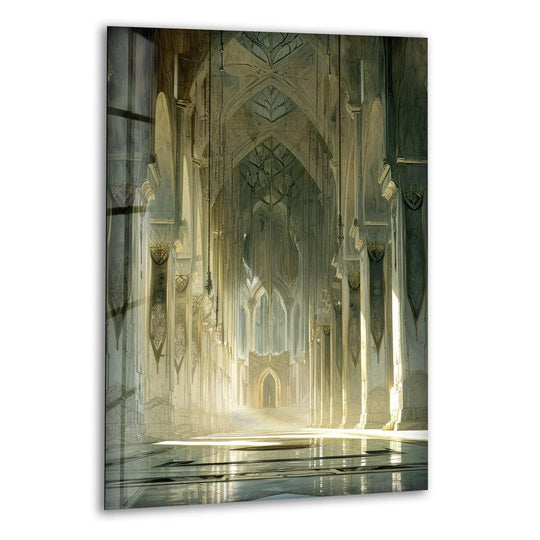 Creating depth and layers, this striking Inside of Minas Tirith glass wall art print showcases an endless arched hallway in a stunning display of wall art prints.