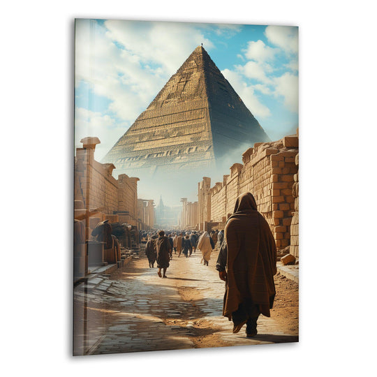Vertical Egypt's Pyramids of Giza glass art painting showcases an elongated shape, perfect as an eye-catching glass wall art piece.