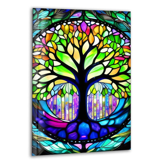 Textured glass art painting is displayed in the stained life of tree glass wall art, creating a dazzling effect with its intricate patterns and colorful segments.