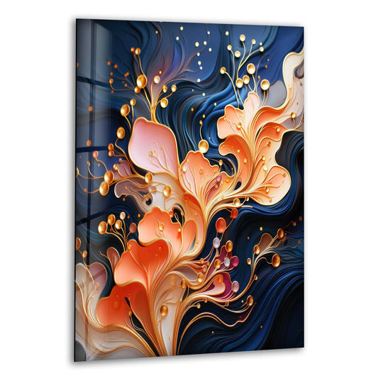 Swirling organic forms create an elegant floral motif in this colorful abstract decorative wall art, blossoming with gilded accents and flowing lines.