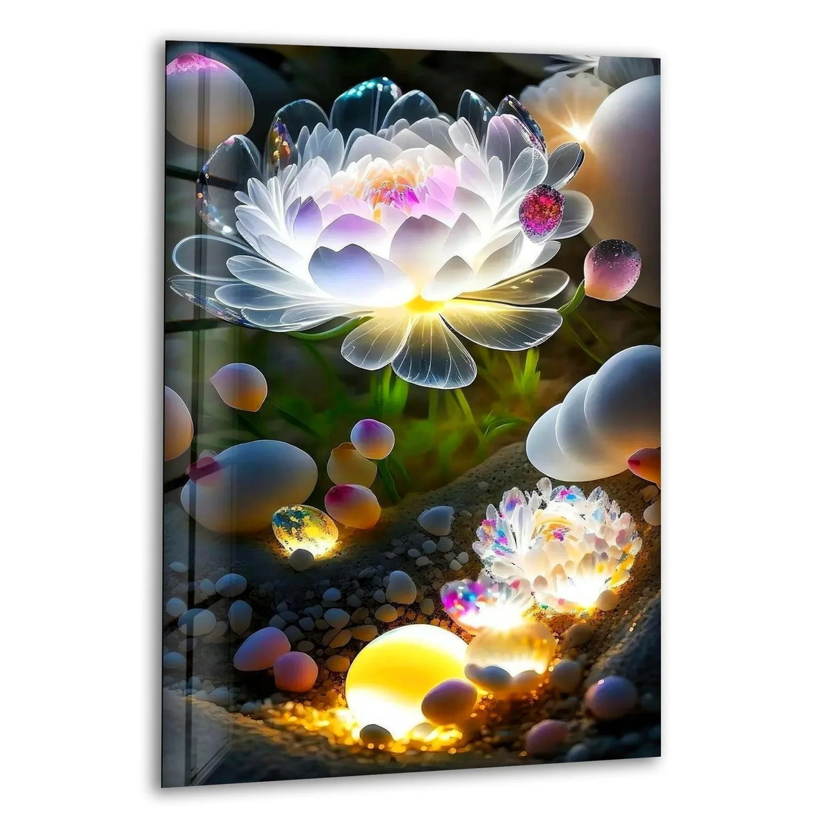 A vibrant glass wall art of a glowing lotus flower with richly saturated pink and purple hues, a stunning home decoration.