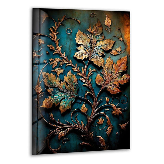 Flower glass wall art with copper relief leaves and elegant 8K UV print floral design enhances any wall space