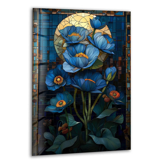 Flowing blue blossoms in this unique modern wall decor glass art piece radiate outward from a luminous lunar backdrop, giving the Placid Moonlight Flower a dynamic feel.