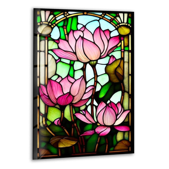 Close-up of vibrant pink stained glass water lilies creating stunning decorative wall art.