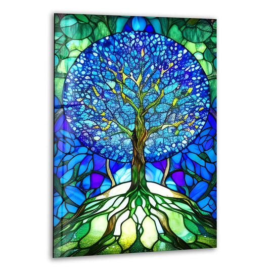 A vibrant stained glass tree of life with intricate blue foliage forms the focal point of this hanging wall art.