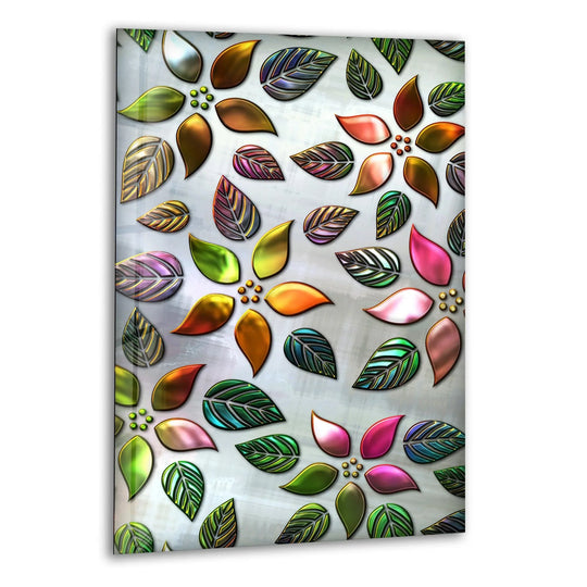 The stillness of the silver flower art in this glass art panel captures a sense of serenity and botanical beauty through a contemporary floral design.