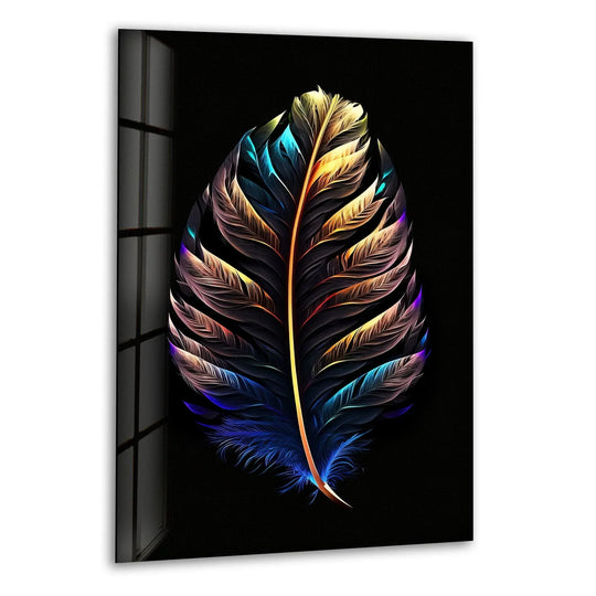 This glass wall art shows a neon colored bird feather and makes a wall decor statement in vibrant colors against a black background