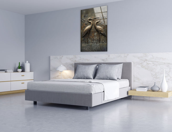 Eternal Pair – Bronze Crane Relief Glass Wall Art