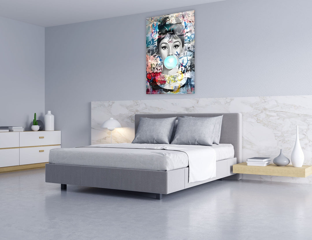 Pop Art Woman With Gum Glass Wall Art picture on glass wall art, photos printed on glass
