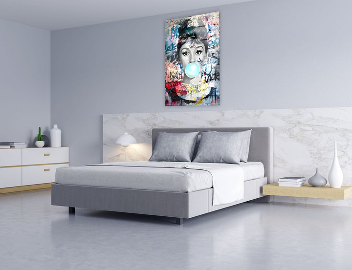 Pop Art Woman With Gum Glass Wall Art picture on glass wall art, photos printed on glass
