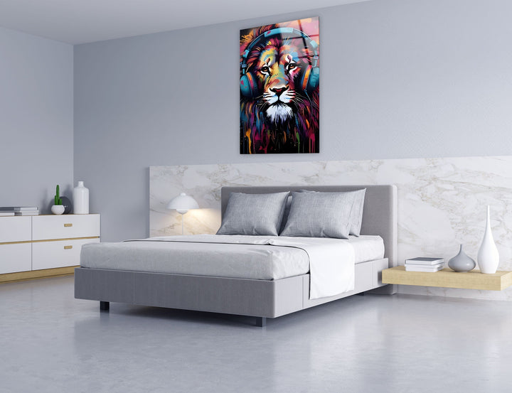 Lion with Headphones Glass Wall Art art glass wall art, glass wall art pictures

