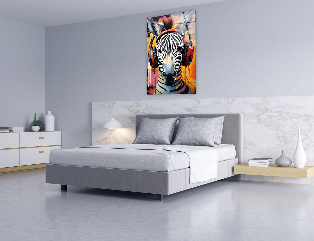 Zebra with Headphones Glass Wall Art glass photo prints, glass picture prints

