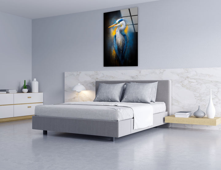 Electric Blue Heron – Auffallende Eleganz als Wanddekoration aus Glas