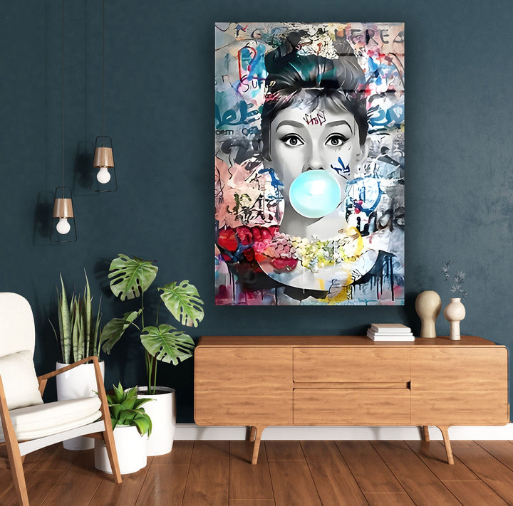 Pop Art Woman With Gum Glass Wall Art art glass wall art, glass wall art pictures

